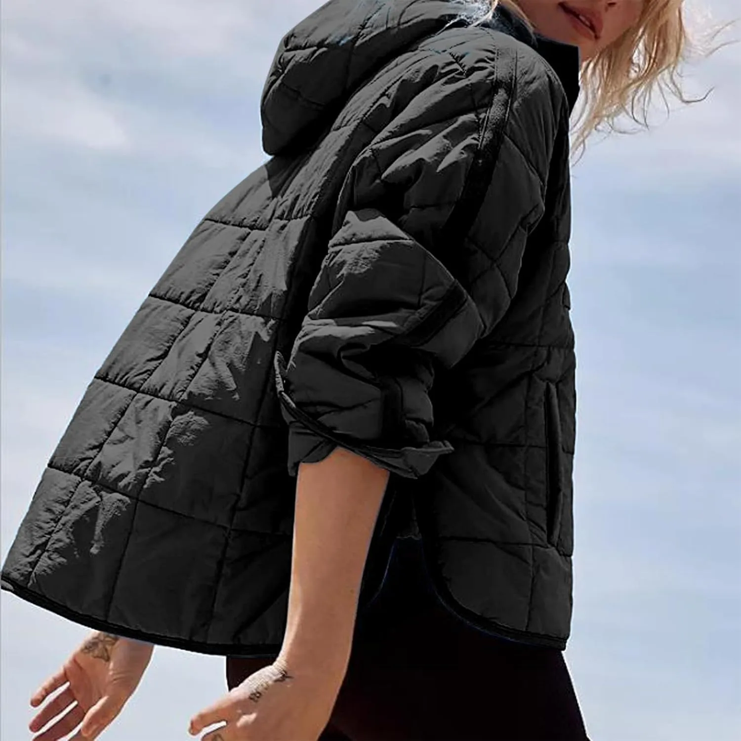 Women's Lightweight Down Jacket Sweatshirt Half Button Foldable Hooded Long Sleeved Lightweight Warm Top Jacket