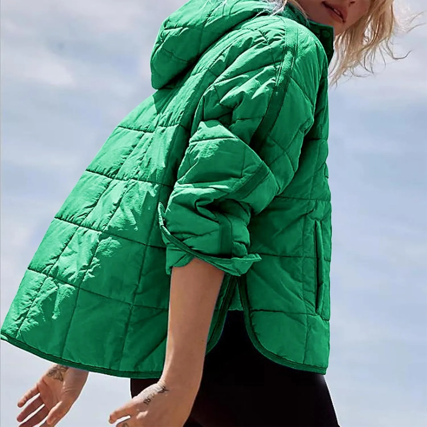 Women's Lightweight Down Jacket Sweatshirt Half Button Foldable Hooded Long Sleeved Lightweight Warm Top Jacket