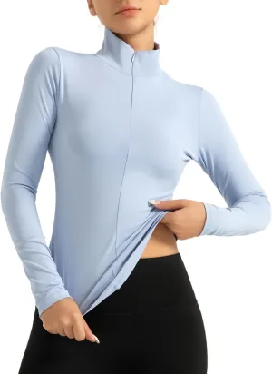Womens Long Sleeve Workout Tops Quick Dry Quarter Zip Pullover Crop Yoga Athletic Golf Slim Fit Shirts,Compression T-Shirts