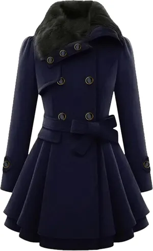 Womens Mid-Length Jacket Double Breasted Wool Blend Coat Lapel Swing Peacoats
