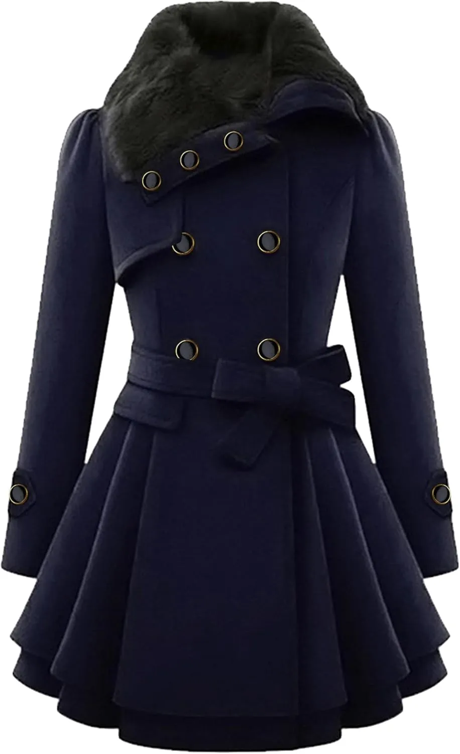Womens Mid-Length Jacket Double Breasted Wool Blend Coat Lapel Swing Peacoats