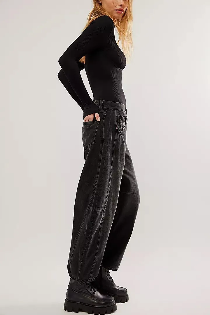 Womens Mid Rise Baggy Barrel Jeans Boyfriend Wide Leg Denim Pants Vintage Buttoned Front Straight Ankle Capri Jeans