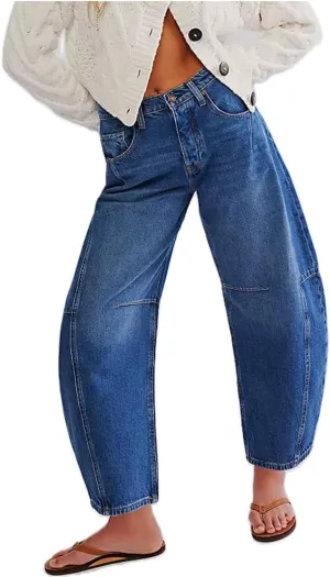 Womens Mid Rise Baggy Barrel Jeans Boyfriend Wide Leg Denim Pants Vintage Buttoned Front Straight Ankle Capri Jeans