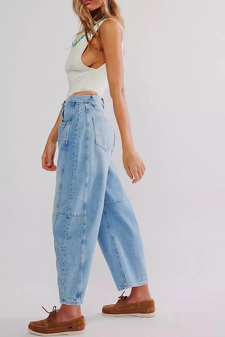 Womens Mid Rise Baggy Barrel Jeans Boyfriend Wide Leg Denim Pants Vintage Buttoned Front Straight Ankle Capri Jeans