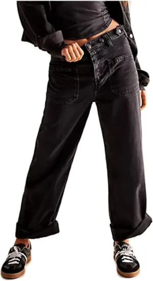 Womens Mid Rise Baggy Barrel Jeans Boyfriend Wide Leg Denim Pants Vintage Buttoned Front Straight Ankle Capri Jeans