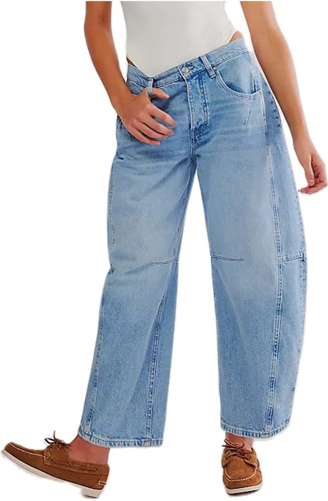 Womens Mid Rise Baggy Barrel Jeans Boyfriend Wide Leg Denim Pants Vintage Buttoned Front Straight Ankle Capri Jeans