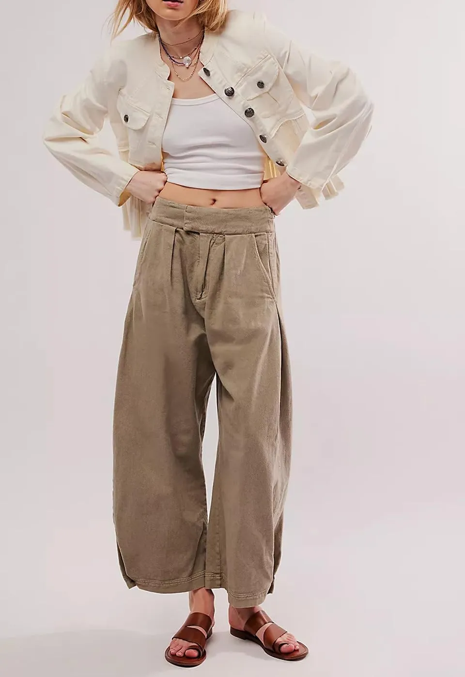 Womens Mid Rise Baggy Barrel Jeans Boyfriend Wide Leg Denim Pants Vintage Buttoned Front Straight Ankle Capri Jeans
