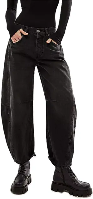 Womens Mid Rise Baggy Barrel Jeans Boyfriend Wide Leg Denim Pants Vintage Buttoned Front Straight Ankle Capri Jeans