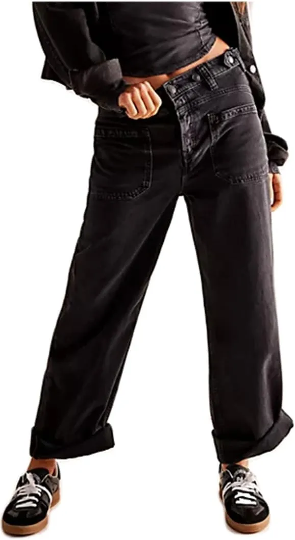 Womens Mid Rise Baggy Barrel Jeans Boyfriend Wide Leg Denim Pants Vintage Buttoned Front Straight Ankle Capri Jeans