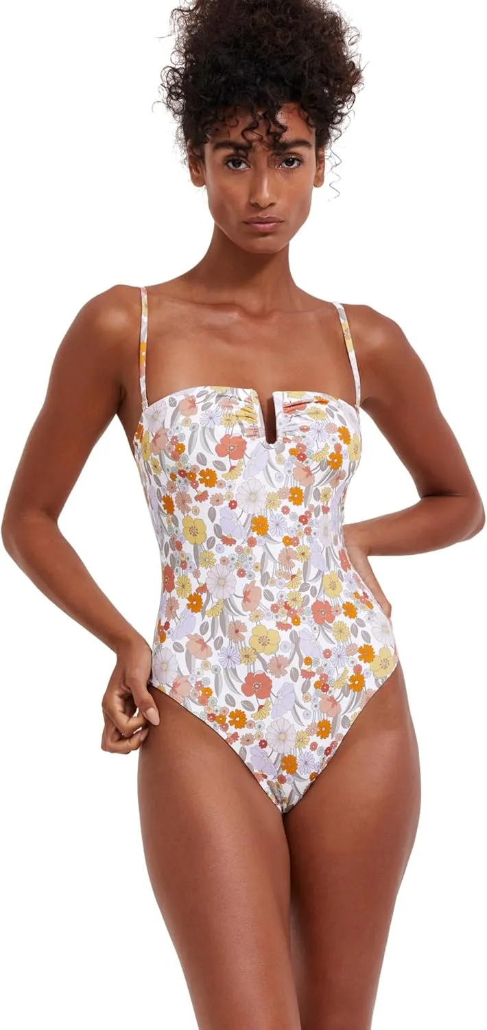 Womens Multicolor Floral Print Bandeau One Piece with V-Wire Insert, Removable Soft Cups and Adjustable Straps