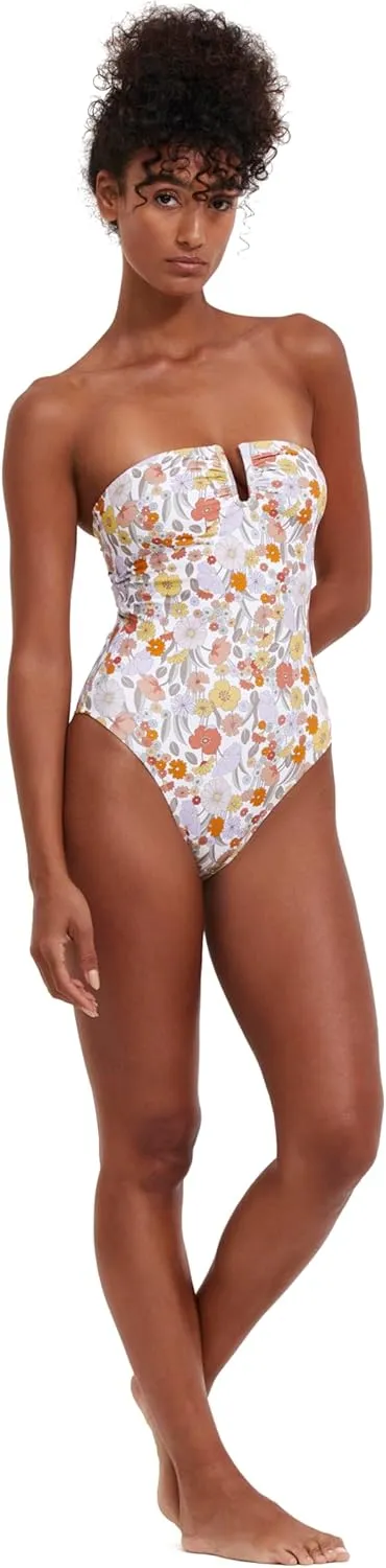 Womens Multicolor Floral Print Bandeau One Piece with V-Wire Insert, Removable Soft Cups and Adjustable Straps