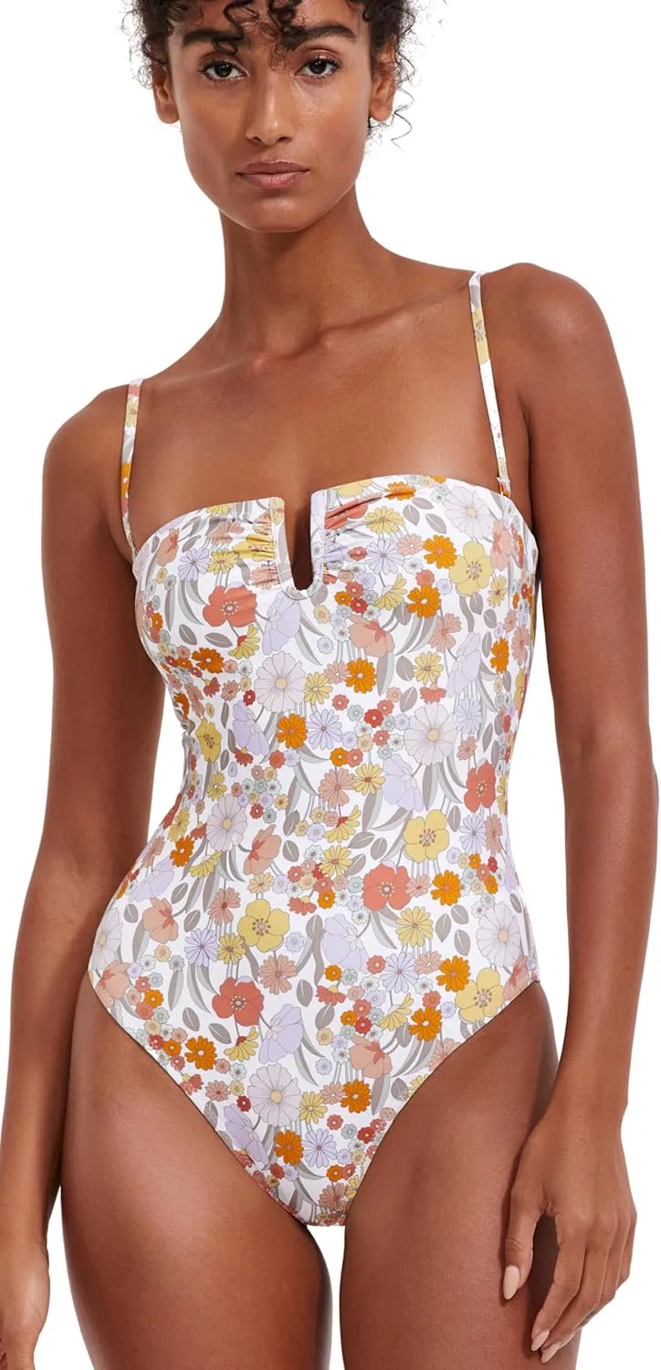 Womens Multicolor Floral Print Bandeau One Piece with V-Wire Insert, Removable Soft Cups and Adjustable Straps