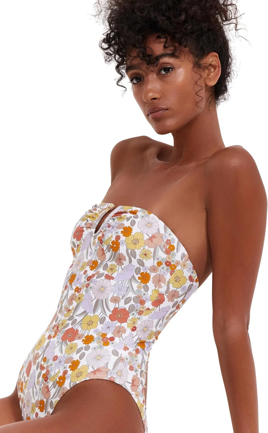 Womens Multicolor Floral Print Bandeau One Piece with V-Wire Insert, Removable Soft Cups and Adjustable Straps