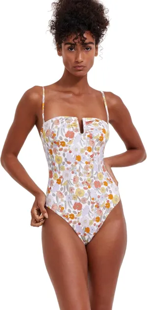 Womens Multicolor Floral Print Bandeau One Piece with V-Wire Insert, Removable Soft Cups and Adjustable Straps