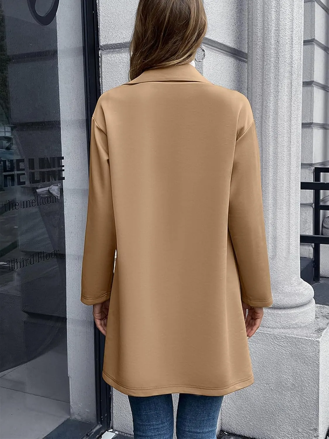 Women's Notched Lapel Pea Coat Double Breasted Wool Blend Midi Long Trench Coat Outwear