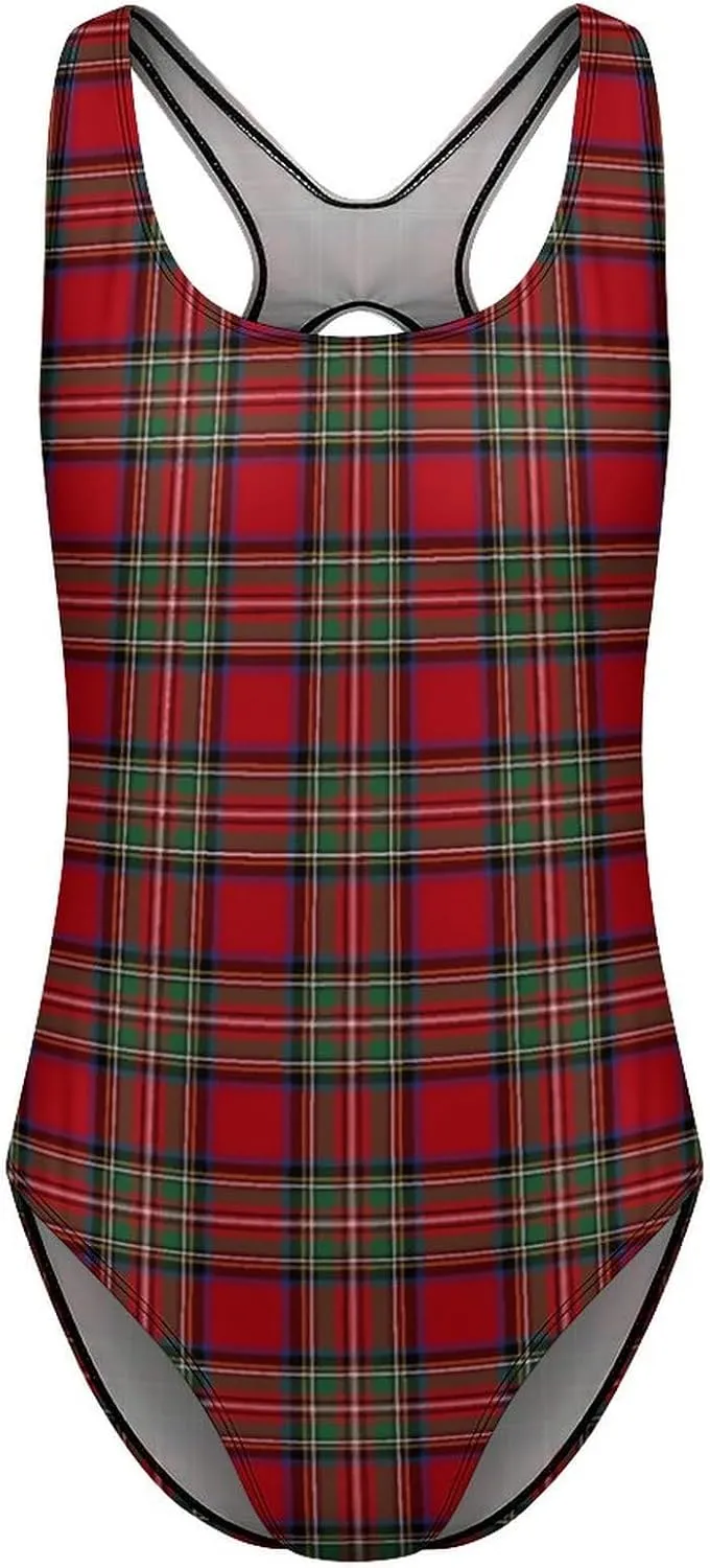 Womens One Piece Swimsuits Scottish Plaid Black Green Tummy Control Bathing Suits Wireless Racerback Padded Swimwear