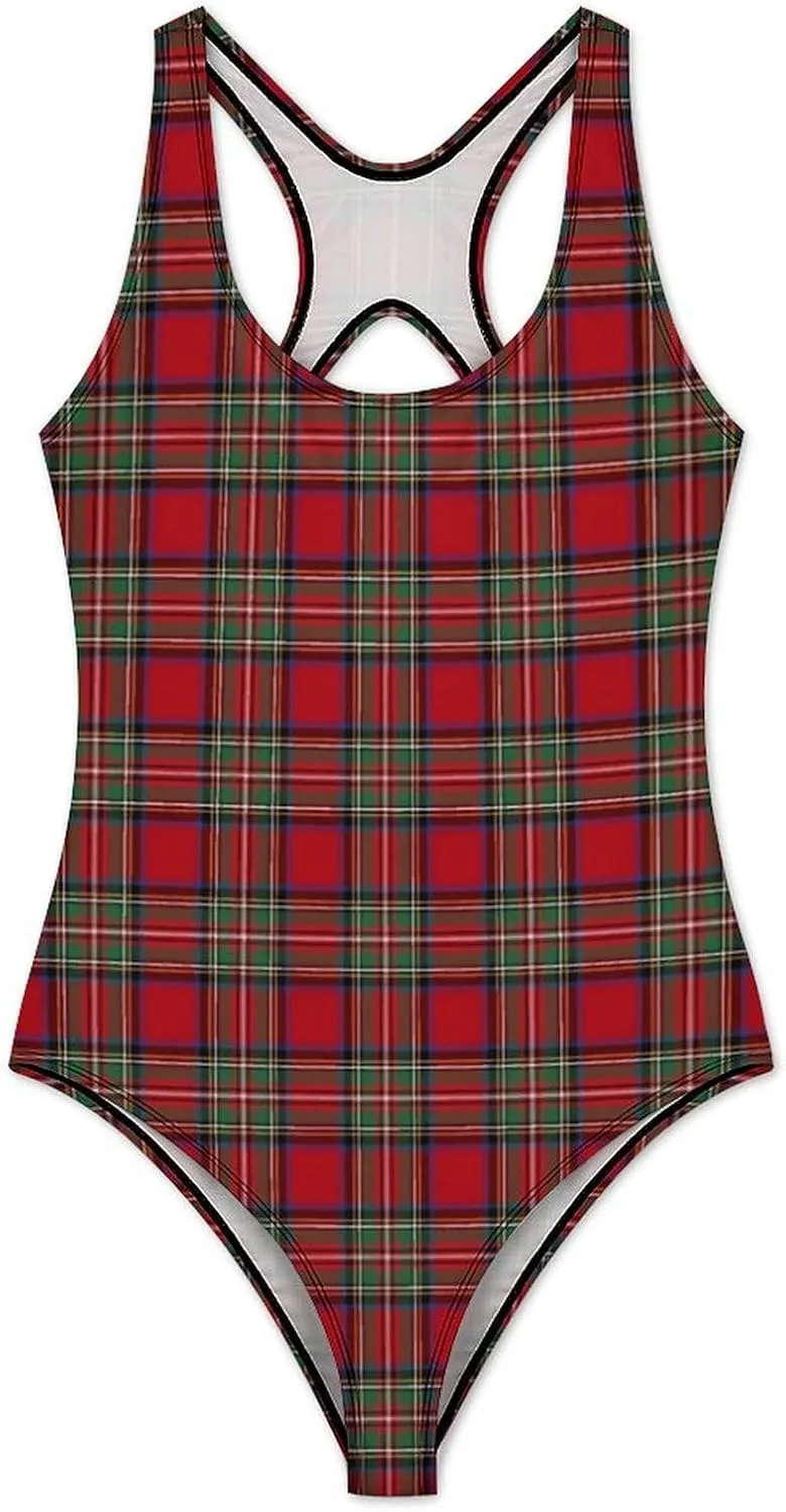 Womens One Piece Swimsuits Scottish Plaid Black Green Tummy Control Bathing Suits Wireless Racerback Padded Swimwear