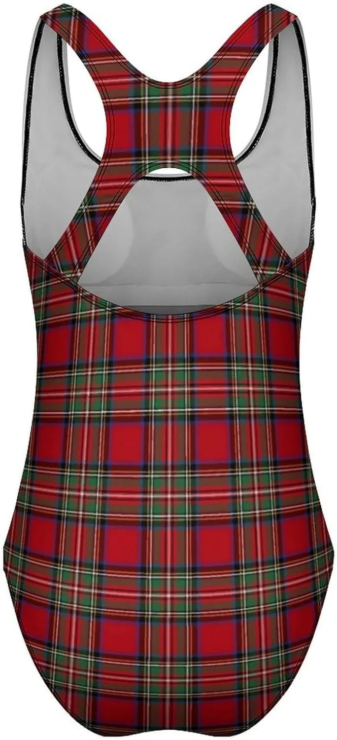 Womens One Piece Swimsuits Scottish Plaid Black Green Tummy Control Bathing Suits Wireless Racerback Padded Swimwear