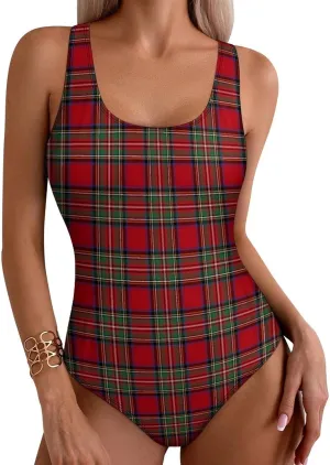 Womens One Piece Swimsuits Scottish Plaid Black Green Tummy Control Bathing Suits Wireless Racerback Padded Swimwear