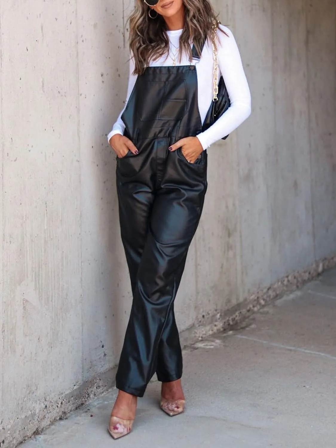 Women's Overalls PU Leather Loose Fit Straight Leg Bib Pockets Overall Jumpsuits