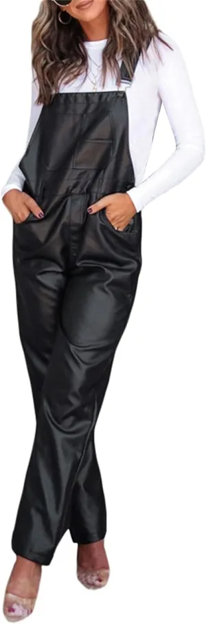 Women's Overalls PU Leather Loose Fit Straight Leg Bib Pockets Overall Jumpsuits