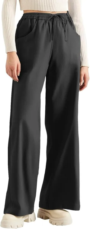 Women's Pants Flowy Long Wide Leg High Waisted Pants Casual Drawstring Pull On Beach Trousers with Pockets