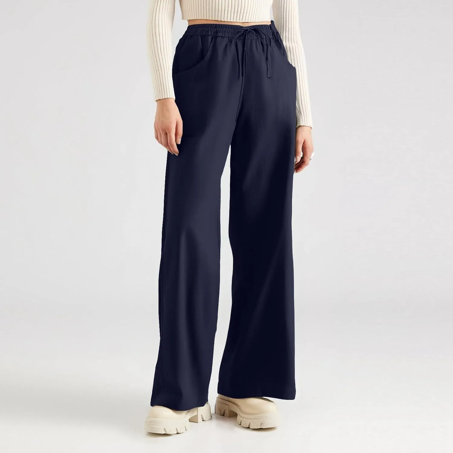 Women's Pants Flowy Long Wide Leg High Waisted Pants Casual Drawstring Pull On Beach Trousers with Pockets
