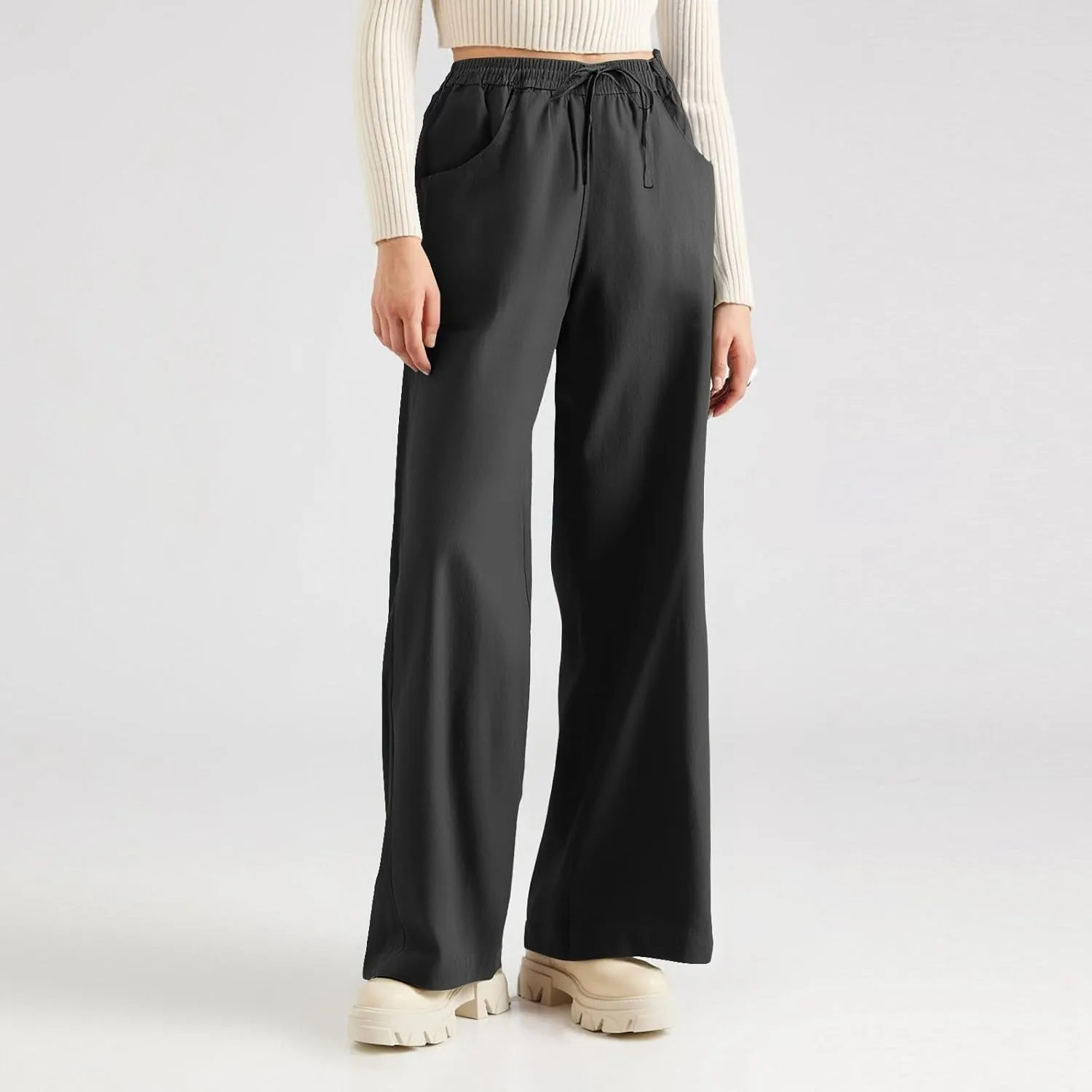 Women's Pants Flowy Long Wide Leg High Waisted Pants Casual Drawstring Pull On Beach Trousers with Pockets