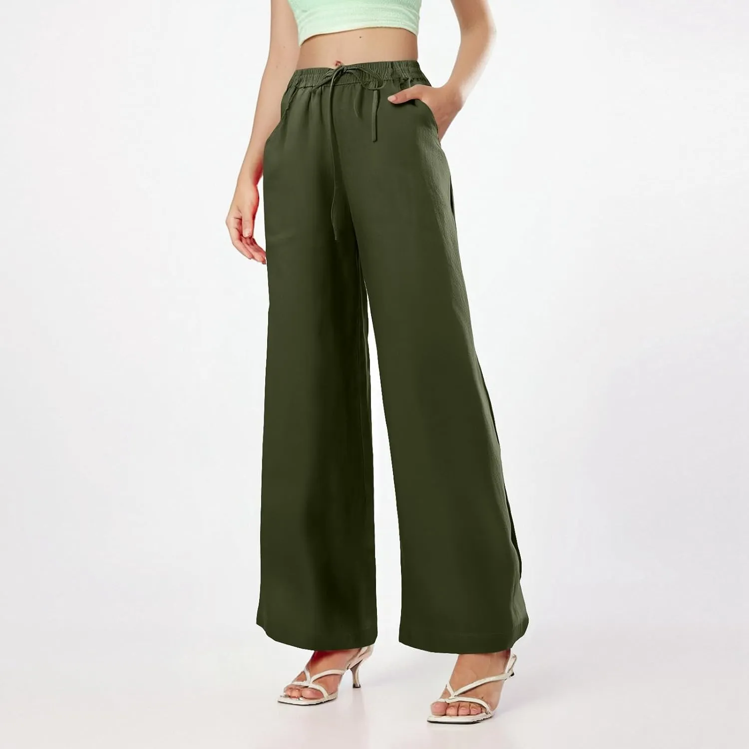 Women's Pants Flowy Long Wide Leg High Waisted Pants Casual Drawstring Pull On Beach Trousers with Pockets