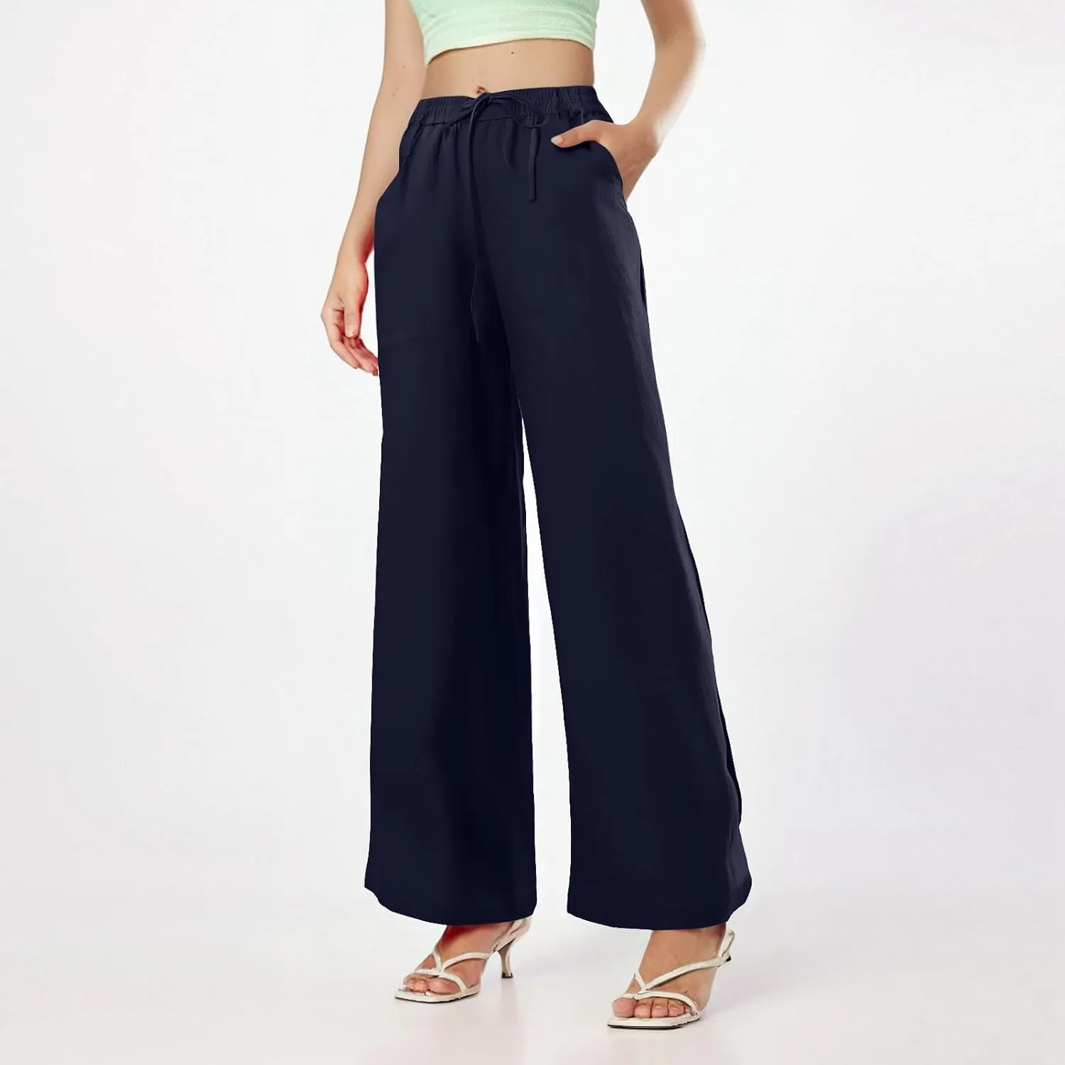 Women's Pants Flowy Long Wide Leg High Waisted Pants Casual Drawstring Pull On Beach Trousers with Pockets