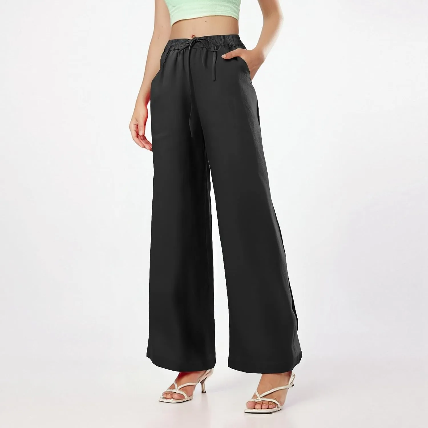 Women's Pants Flowy Long Wide Leg High Waisted Pants Casual Drawstring Pull On Beach Trousers with Pockets