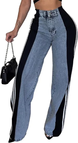Women's Patchwork Wide Leg Jeans High Waist Baggy Stripes Jeans Stretchy Straight Denim Pants