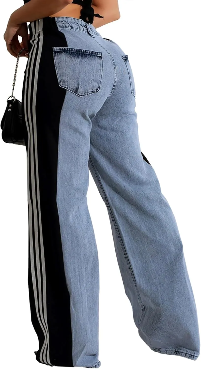 Women's Patchwork Wide Leg Jeans High Waist Baggy Stripes Jeans Stretchy Straight Denim Pants