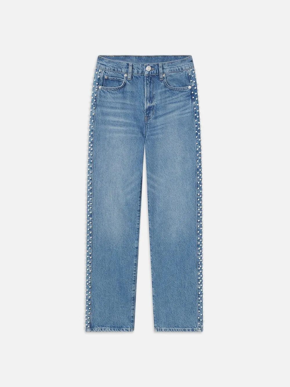 Women's Pearl Beaded Straight Wide Leg Jeans High Waisted Ankle Length Denim Pants