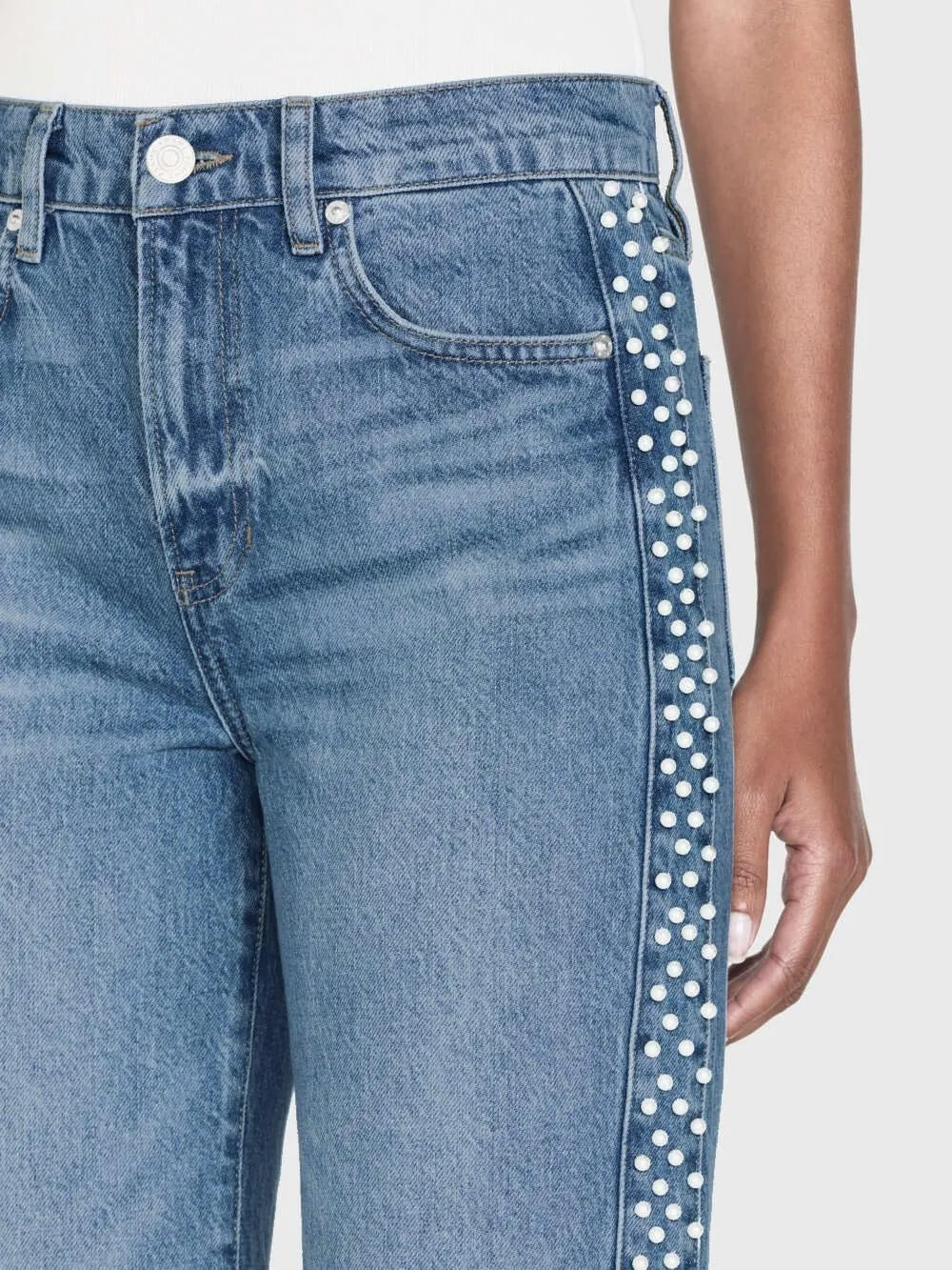 Women's Pearl Beaded Straight Wide Leg Jeans High Waisted Ankle Length Denim Pants