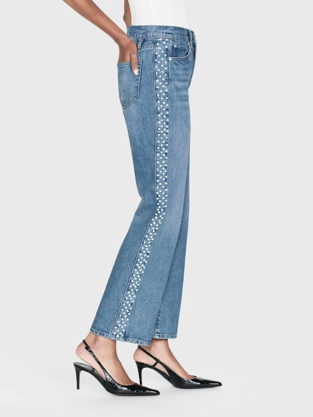 Women's Pearl Beaded Straight Wide Leg Jeans High Waisted Ankle Length Denim Pants