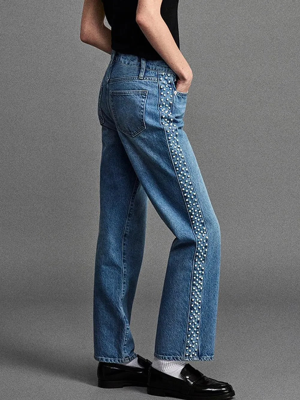 Women's Pearl Beaded Straight Wide Leg Jeans High Waisted Ankle Length Denim Pants
