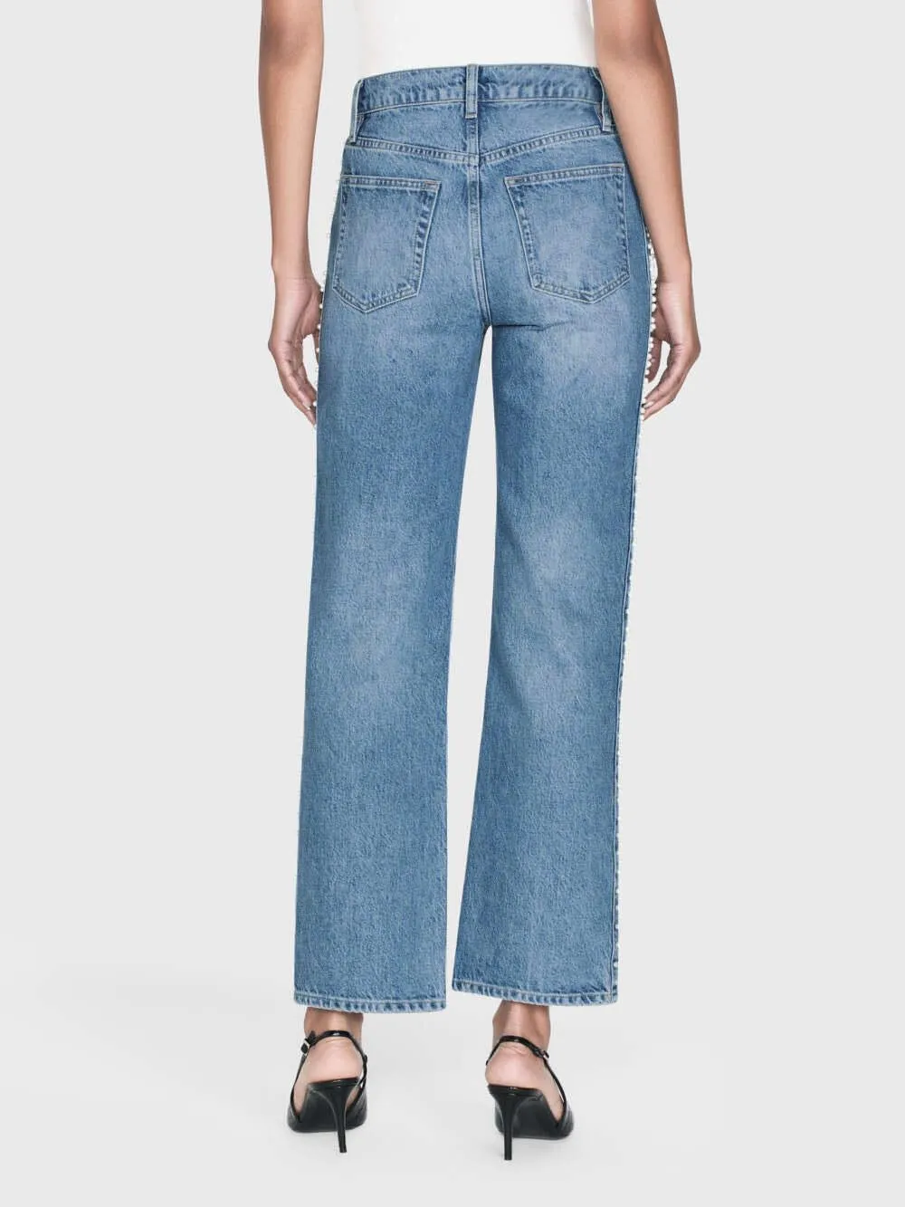 Women's Pearl Beaded Straight Wide Leg Jeans High Waisted Ankle Length Denim Pants