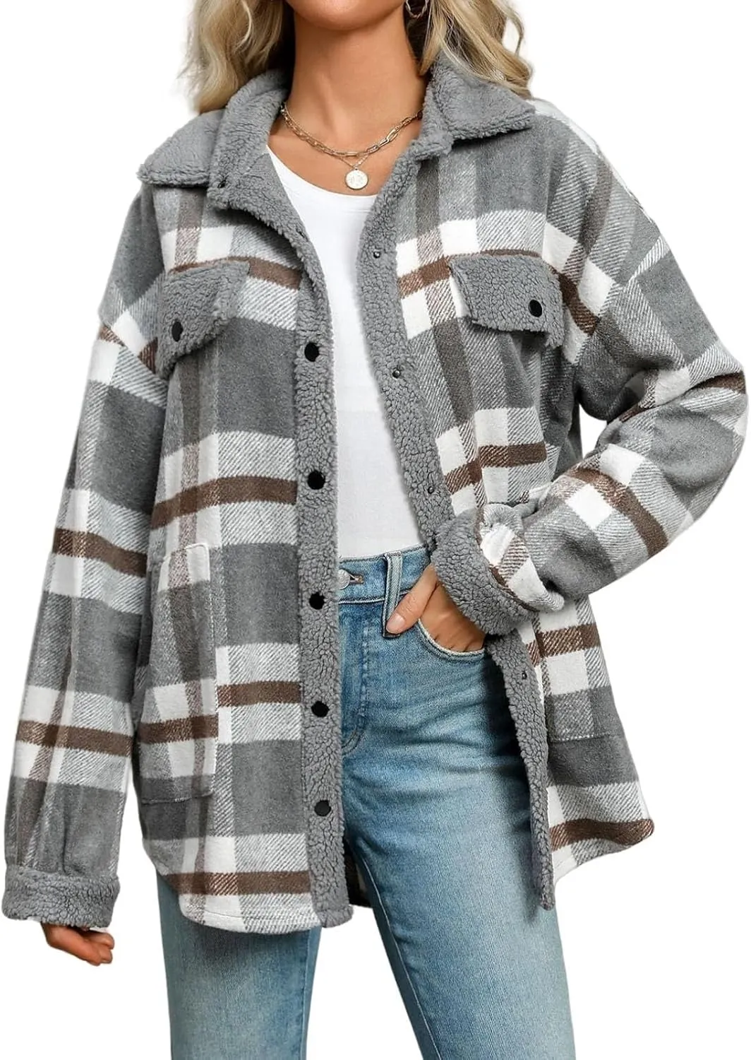 Womens Plaid Shacket Jacket Fall Outfits Flannel Plaid Button Down Warm Coat Fuzzy Fleece Open Front Shirts Jackets