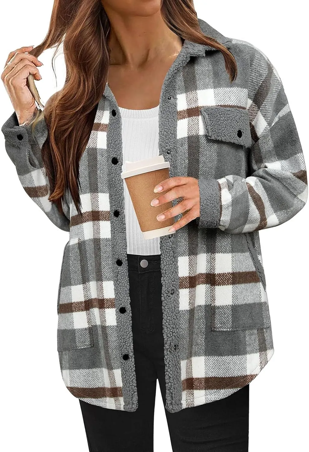 Womens Plaid Shacket Jacket Fall Outfits Flannel Plaid Button Down Warm Coat Fuzzy Fleece Open Front Shirts Jackets