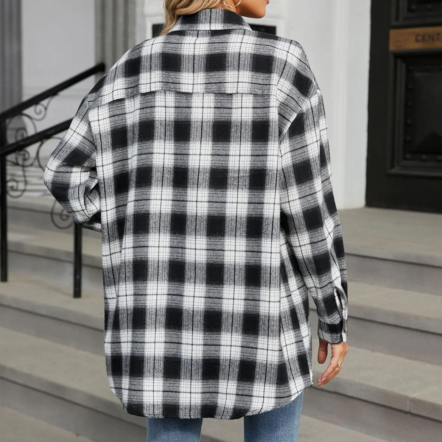 Womens Plaid Shacket Jacket Long Sleeve Button Down Shirts Casual Oversized Blouses With Pocket