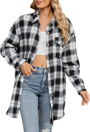Womens Plaid Shacket Jacket Long Sleeve Button Down Shirts Casual Oversized Blouses With Pocket
