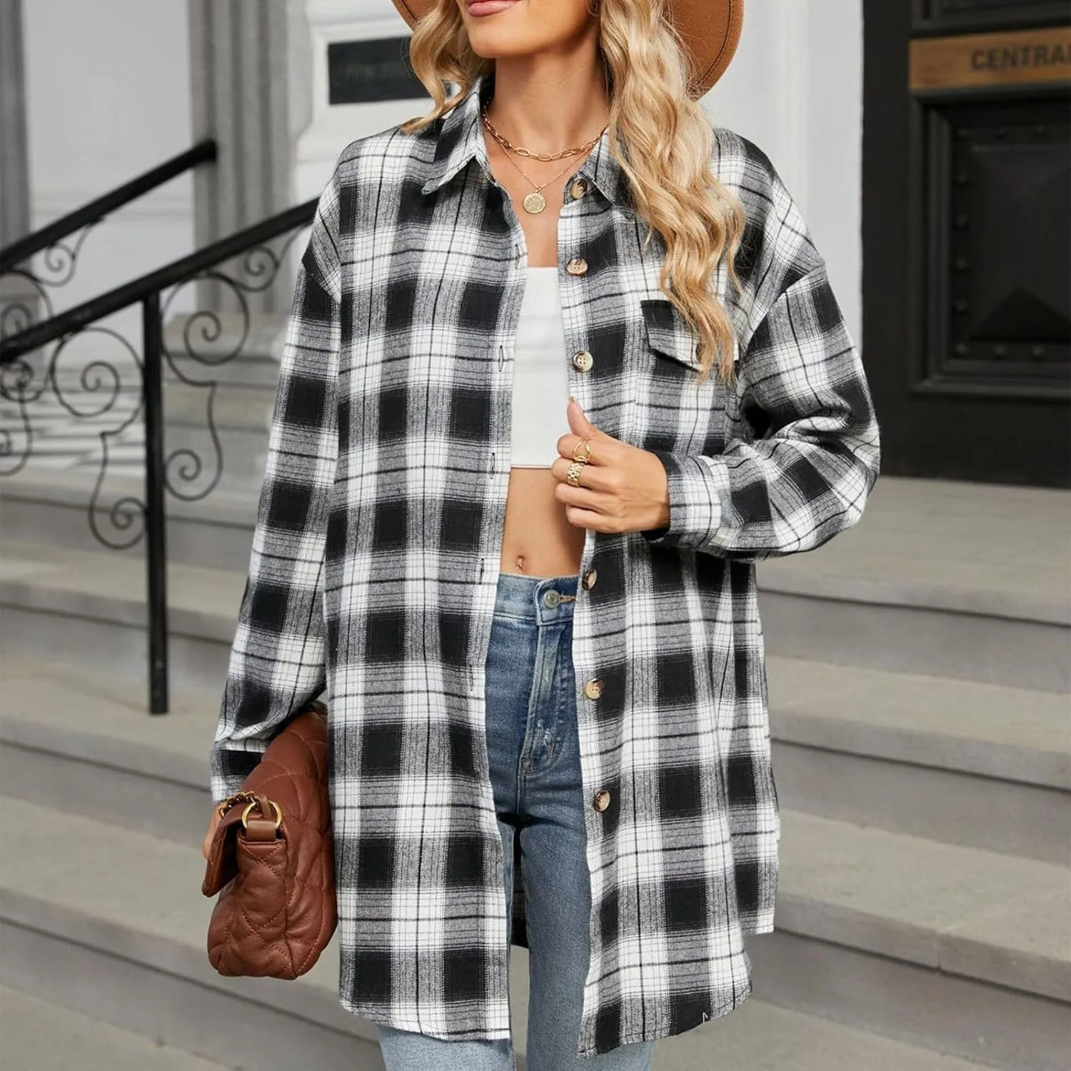 Womens Plaid Shacket Jacket Long Sleeve Button Down Shirts Casual Oversized Blouses With Pocket