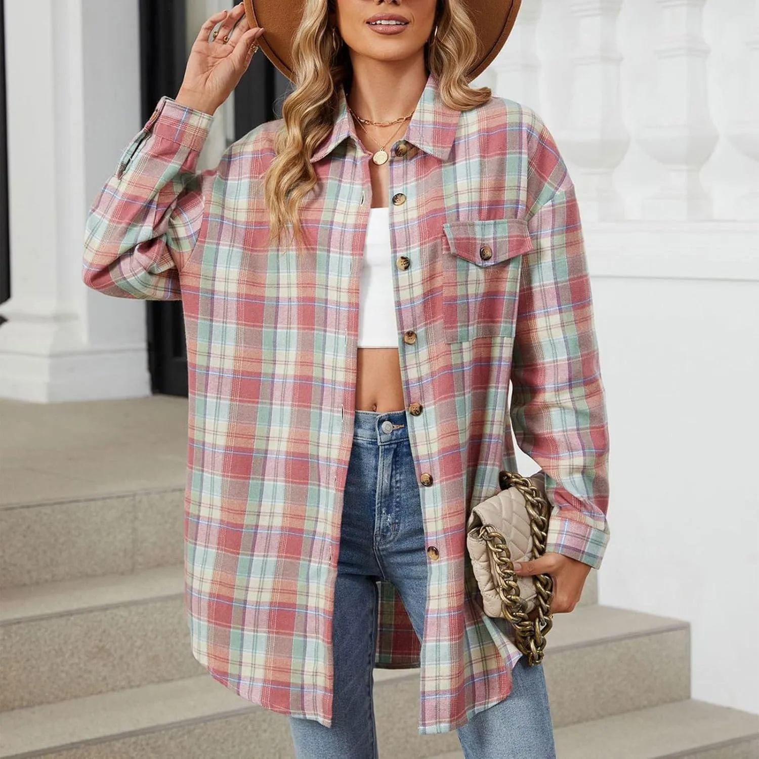 Womens Plaid Shacket Jacket Long Sleeve Button Down Shirts Casual Oversized Blouses With Pocket