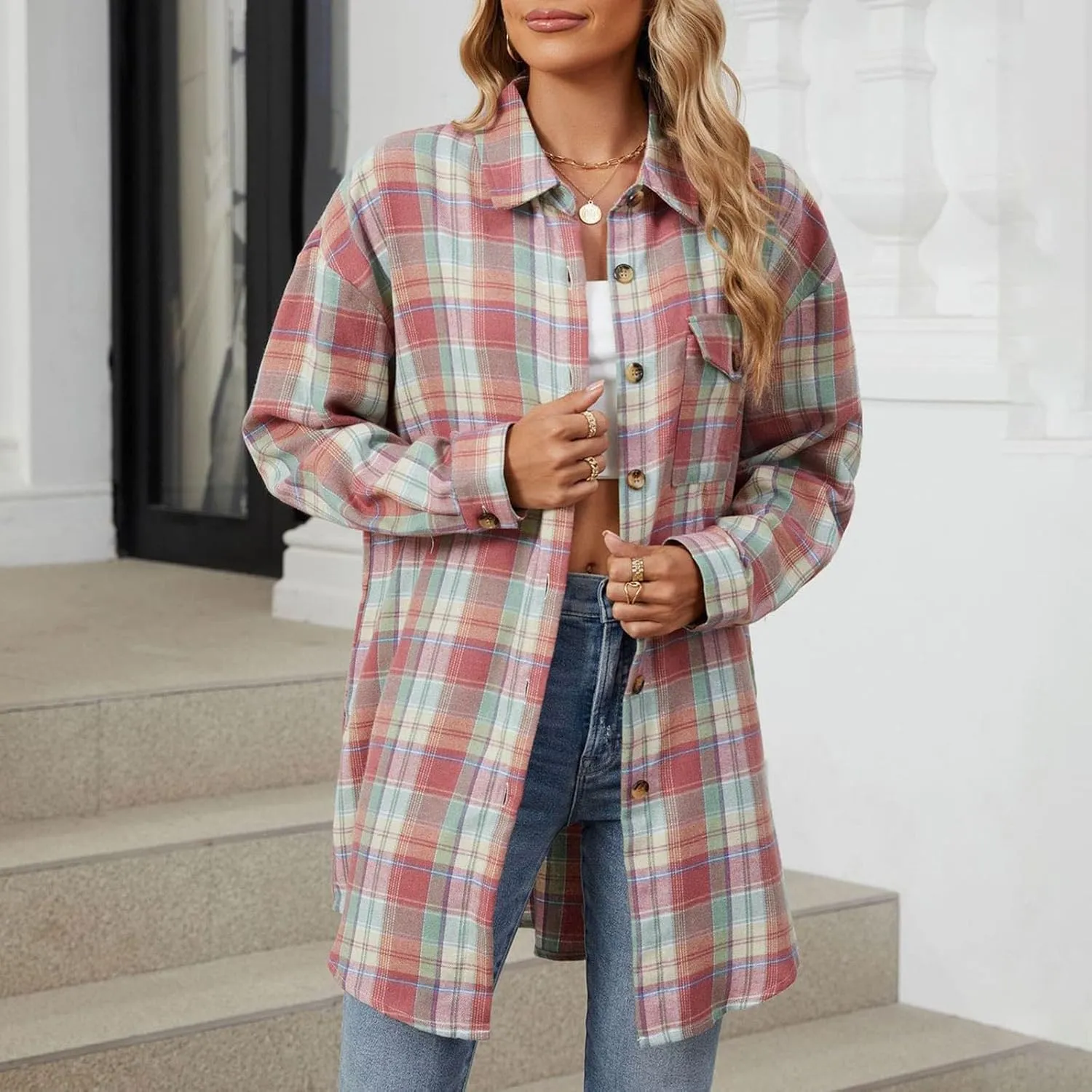 Womens Plaid Shacket Jacket Long Sleeve Button Down Shirts Casual Oversized Blouses With Pocket