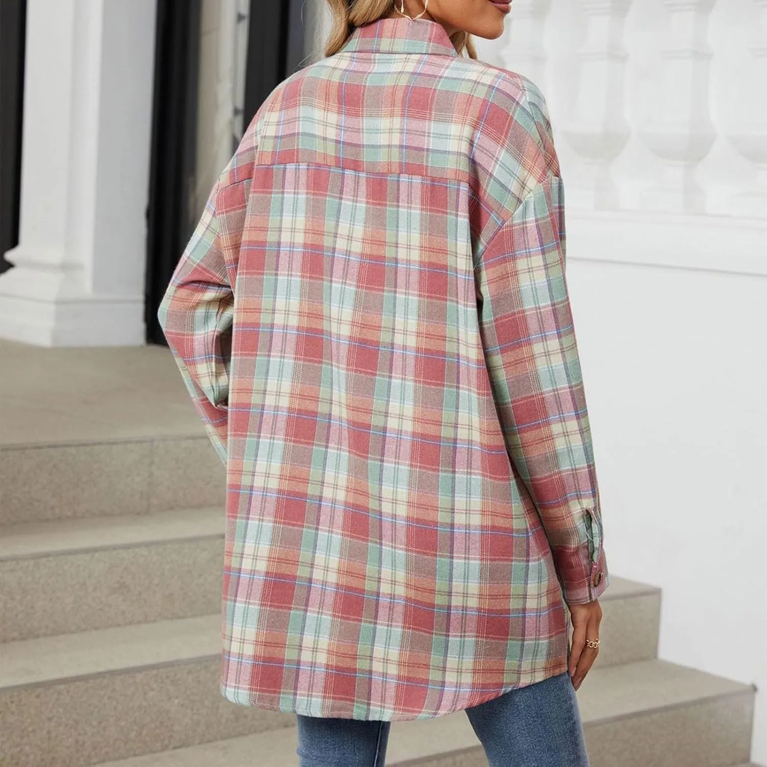 Womens Plaid Shacket Jacket Long Sleeve Button Down Shirts Casual Oversized Blouses With Pocket
