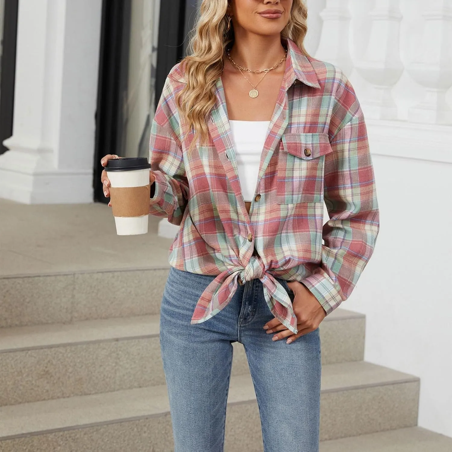 Womens Plaid Shacket Jacket Long Sleeve Button Down Shirts Casual Oversized Blouses With Pocket