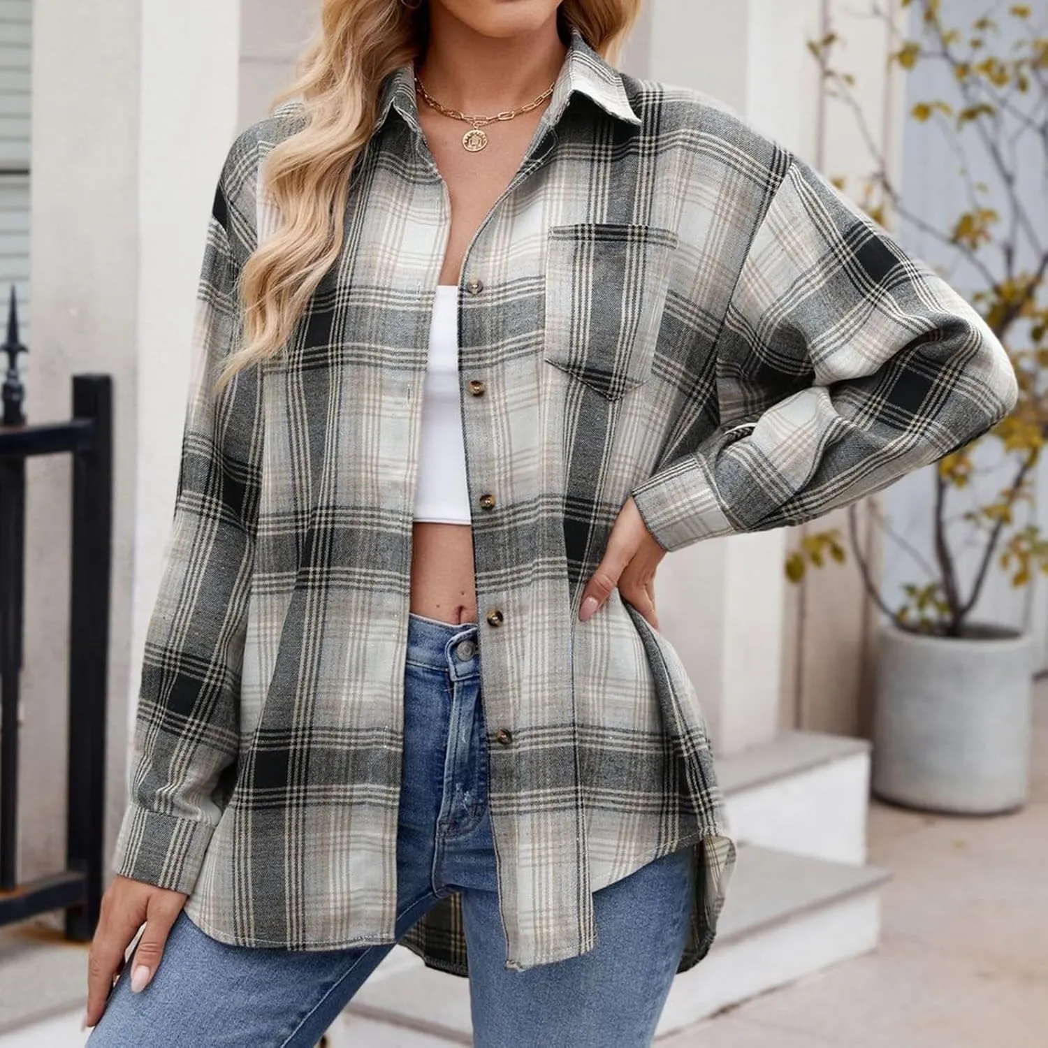 Womens Plaid Shacket Jacket Long Sleeve Button Down Shirts Casual Oversized Blouses With Pocket