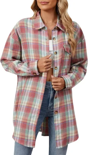 Womens Plaid Shacket Jacket Long Sleeve Button Down Shirts Casual Oversized Blouses With Pocket