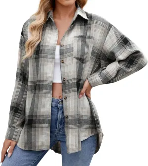 Womens Plaid Shacket Jacket Long Sleeve Button Down Shirts Casual Oversized Blouses With Pocket